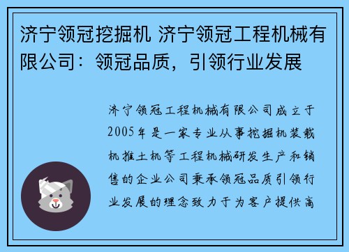 济宁领冠挖掘机 济宁领冠工程机械有限公司：领冠品质，引领行业发展